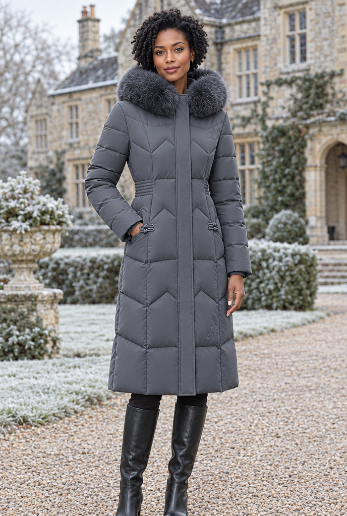 Doudoune longue matelassée, capuche fausse fourrure — Gris ardoise — en situation
