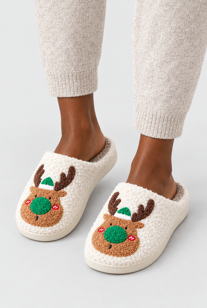 Chaussons renne en peluche douillette — Nez vert — photo principale