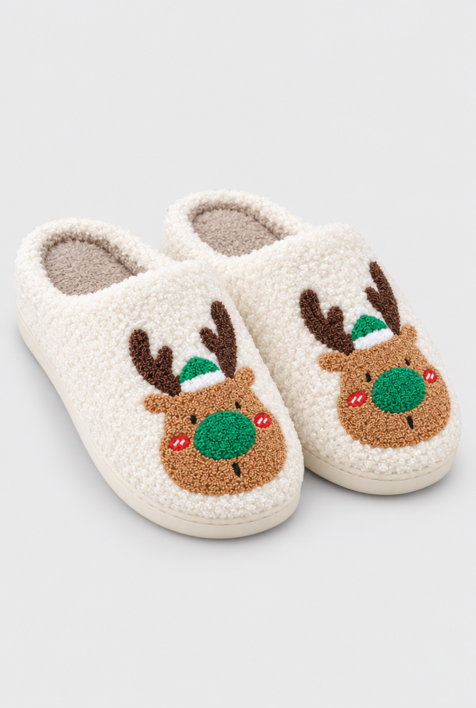Chaussons renne en peluche douillette — Nez vert — packshot