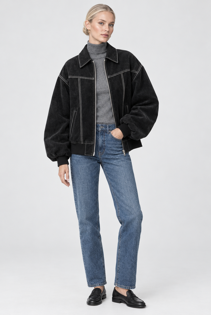Blouson bomber oversize surpiqûré en simili cuir — Noir — silhouette complète