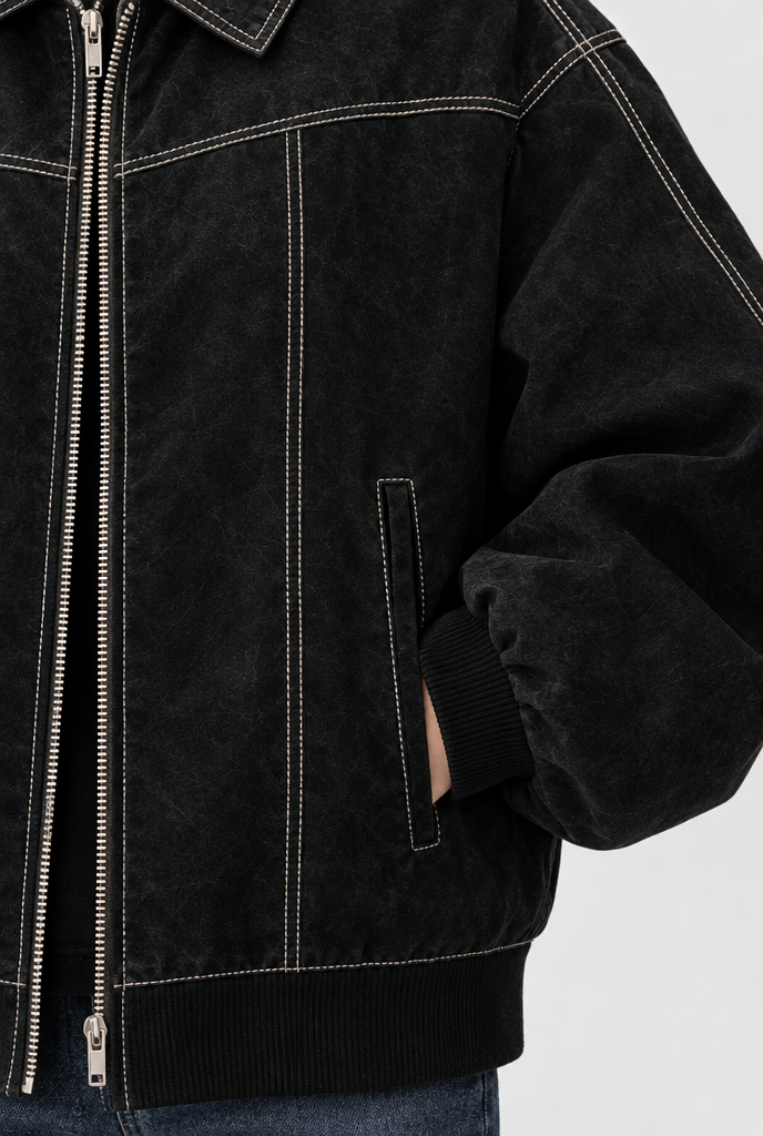 Blouson bomber oversize surpiqûré en simili cuir — Noir — détail