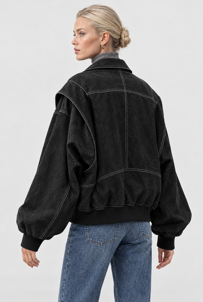 Blouson bomber oversize surpiqûré en simili cuir — Noir — vue de dos