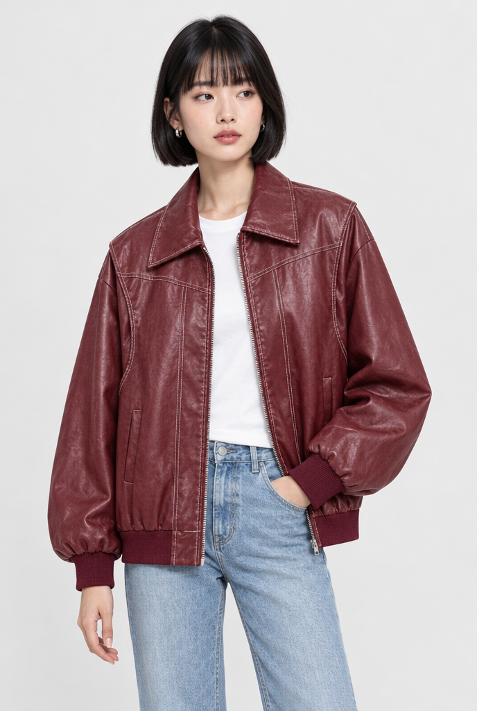Blouson bomber oversize surpiqûré en simili cuir — Bordeaux — photo principale
