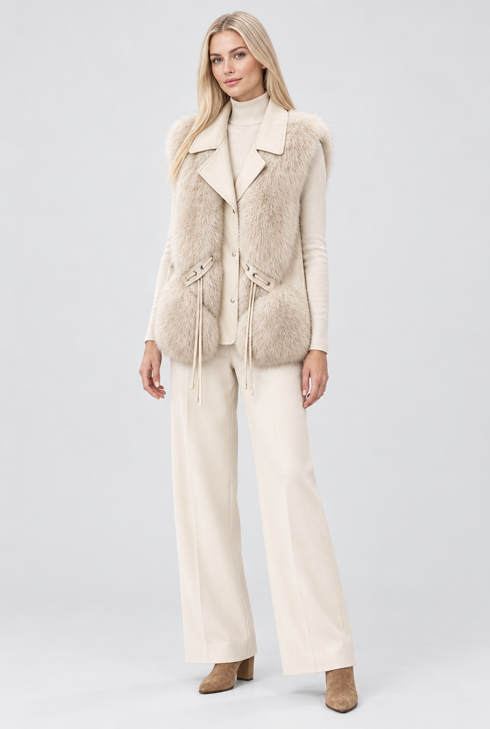Gilet sans manches en fausse fourrure à revers simili cuir — Latte — silhouette complète