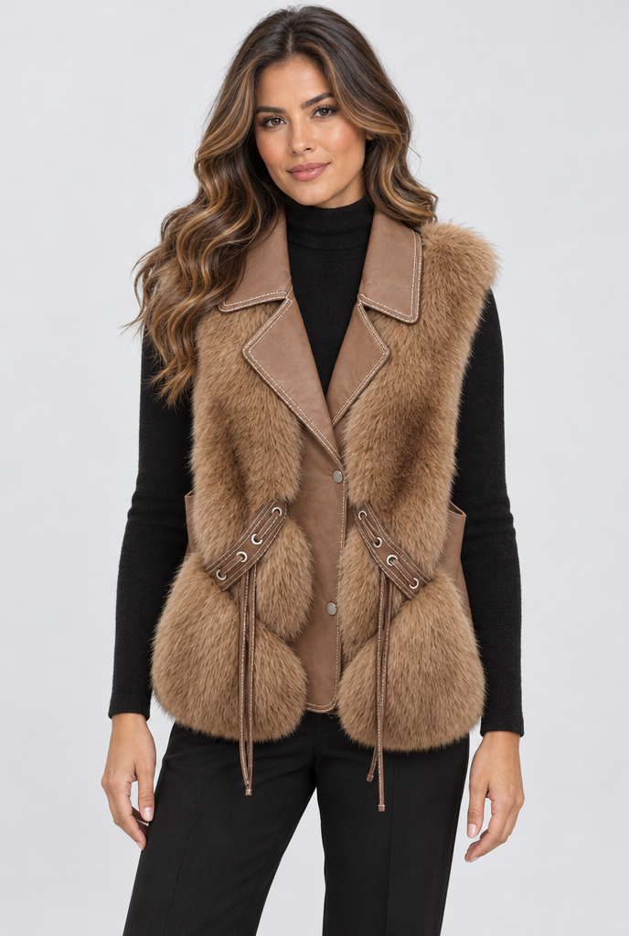 Gilet sans manches en fausse fourrure à revers simili cuir — Camel — studio