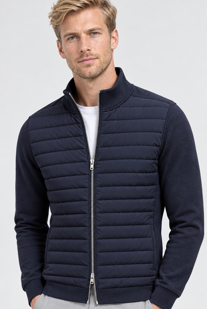 Veste zippée devant matelassé, manches en maille — Marine — détail du col
