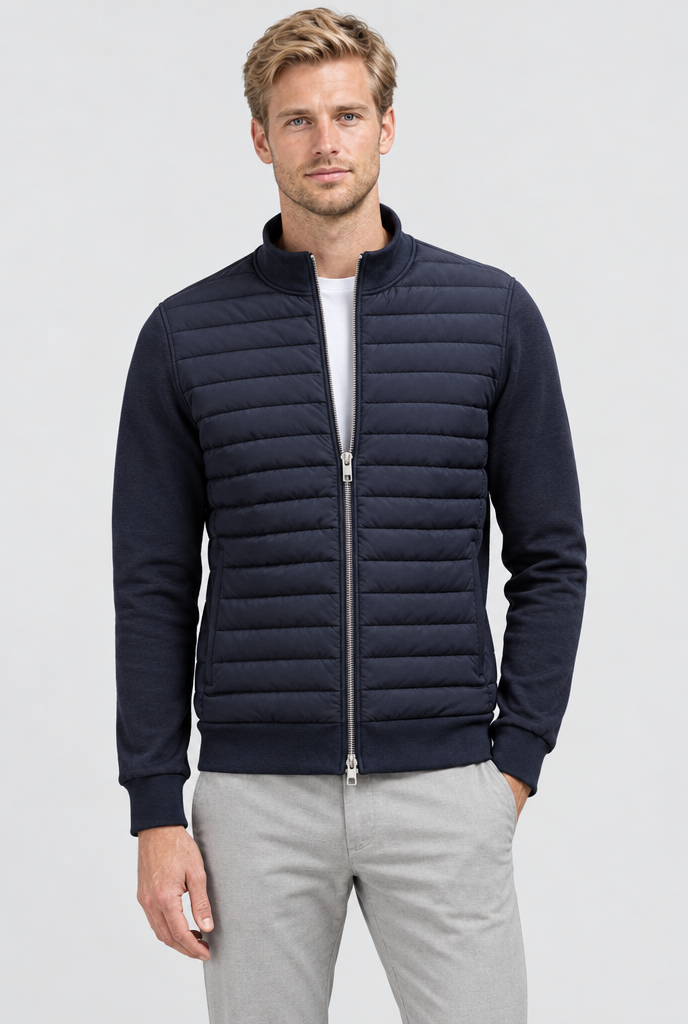 Veste zippée devant matelassé, manches en maille — Marine — photo studio
