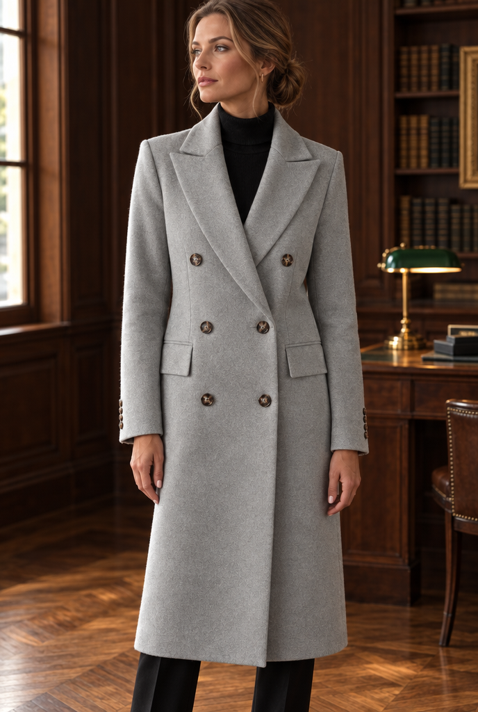 Manteau croisé long effet laine — Gris perle — en situation