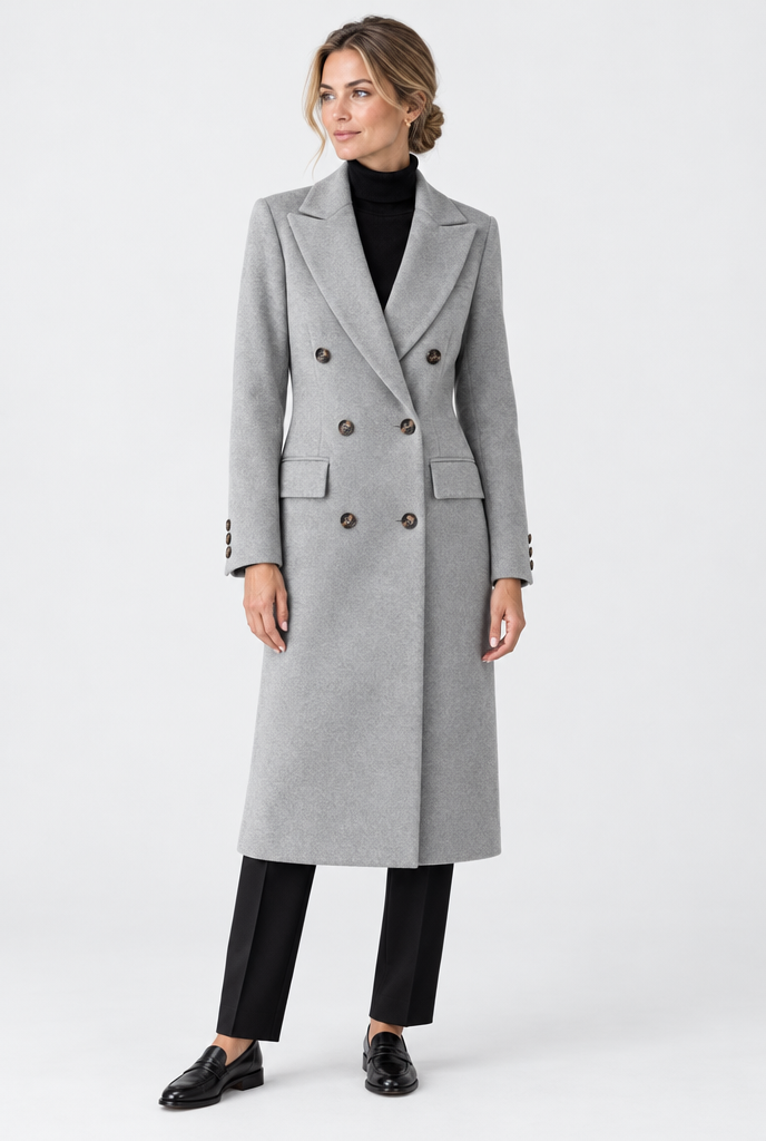 Manteau croisé long effet laine — Gris perle — silhouette complète