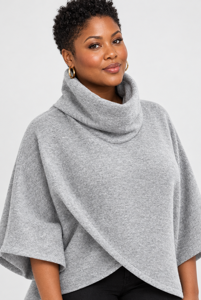 Pull poncho col roulé à devant croisé — Gris chiné clair — détail du col