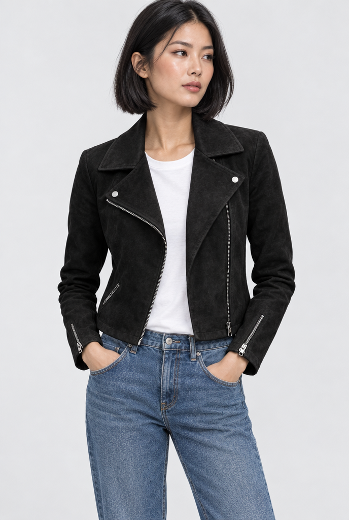 Black faux suede cropped moto jacket, hero