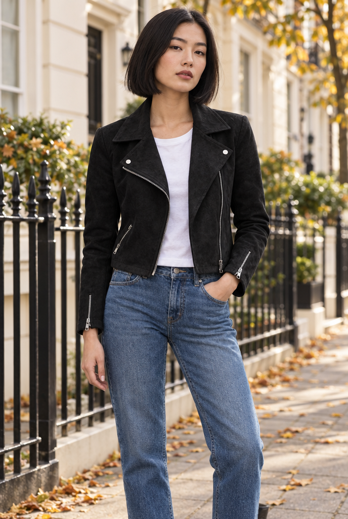 Black faux suede cropped moto jacket, lifestyle