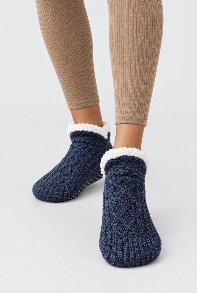 Denim Blue cable-knit sherpa-lined slipper socks, on-feet hero
