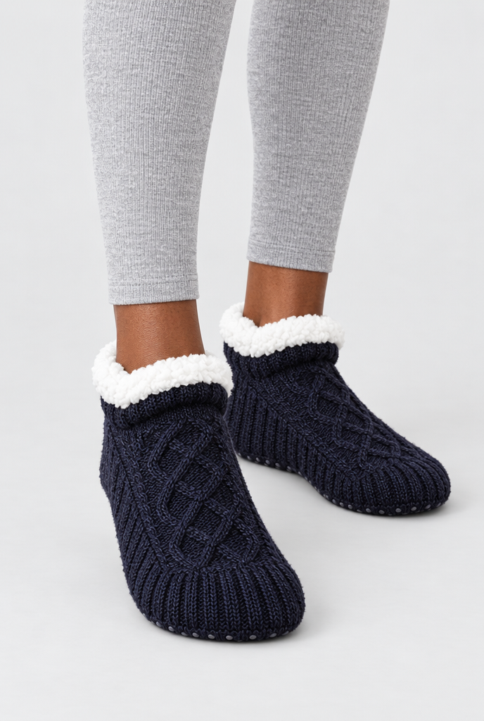 Midnight cable-knit sherpa-lined slipper socks, on-feet hero