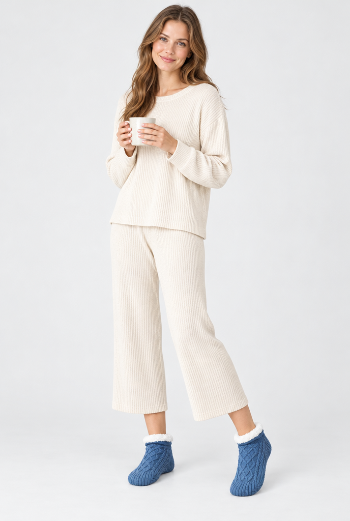 Cornflower Blue cable-knit sherpa-lined slipper socks, full body