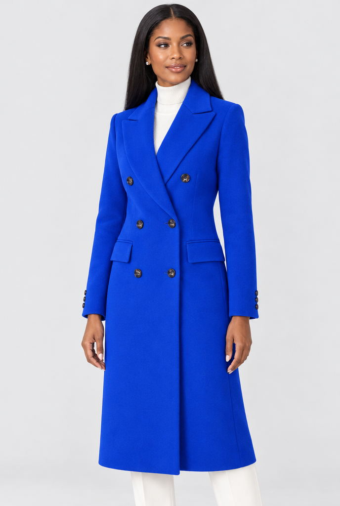 Manteau croisé long effet laine — Bleu roi — photo studio