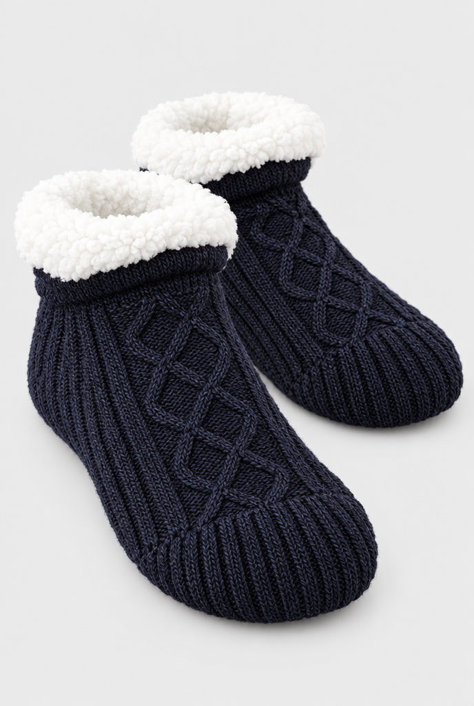 Midnight cable-knit sherpa-lined slipper socks, knit macro