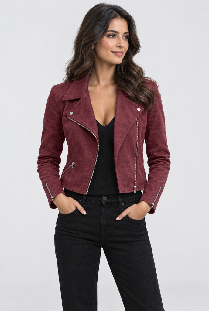 Burgundy faux suede cropped moto jacket, hero