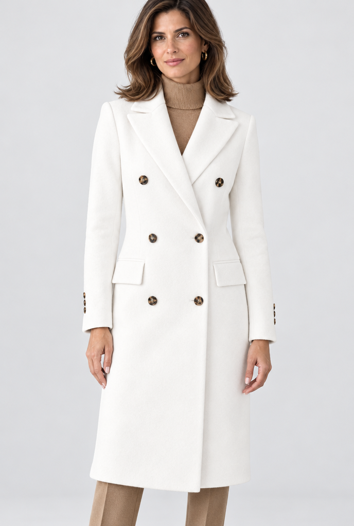 Manteau croisé long effet laine — Blanc d’hiver — photo studio