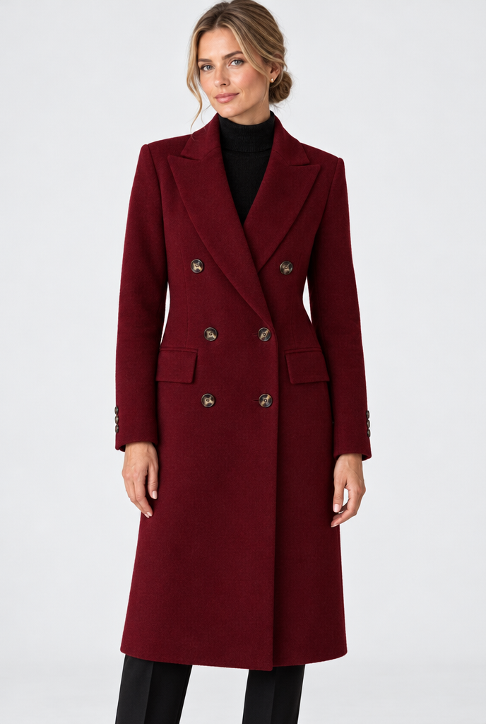 Manteau croisé long effet laine — Bordeaux — photo studio