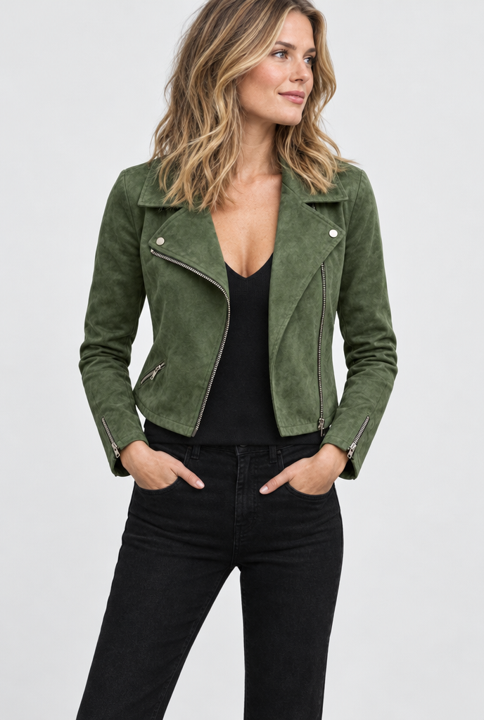 Olive Green faux suede cropped moto jacket, hero