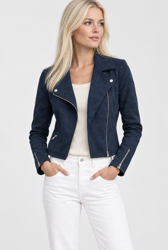 Navy faux suede cropped moto jacket, hero
