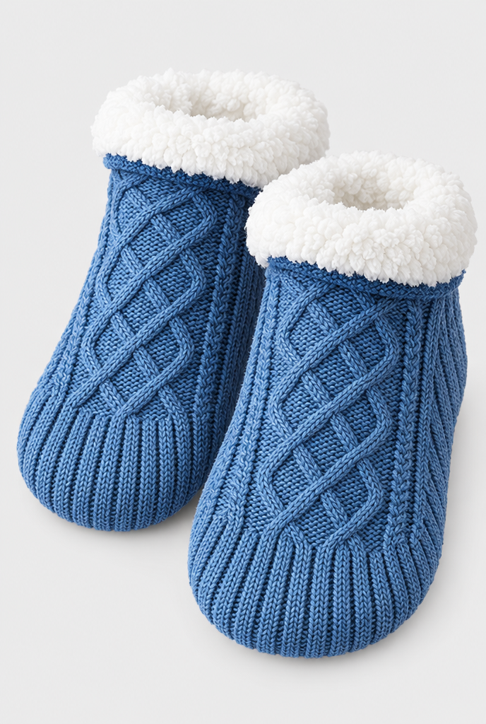 Cornflower Blue cable-knit sherpa-lined slipper socks, knit macro