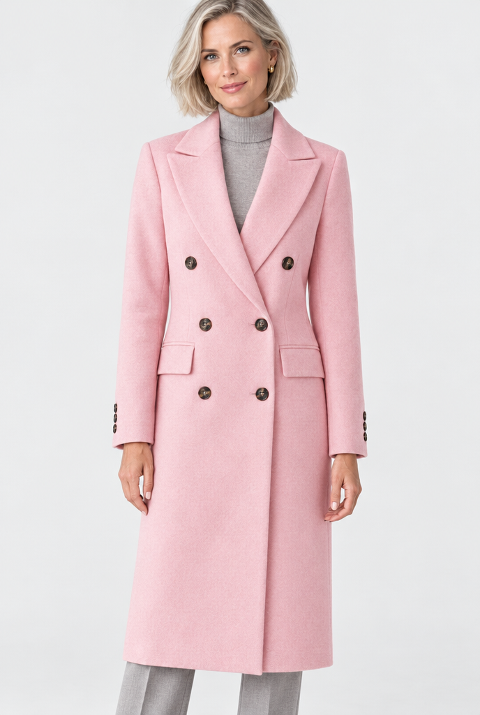 Manteau croisé long effet laine — Rose poudré — photo studio