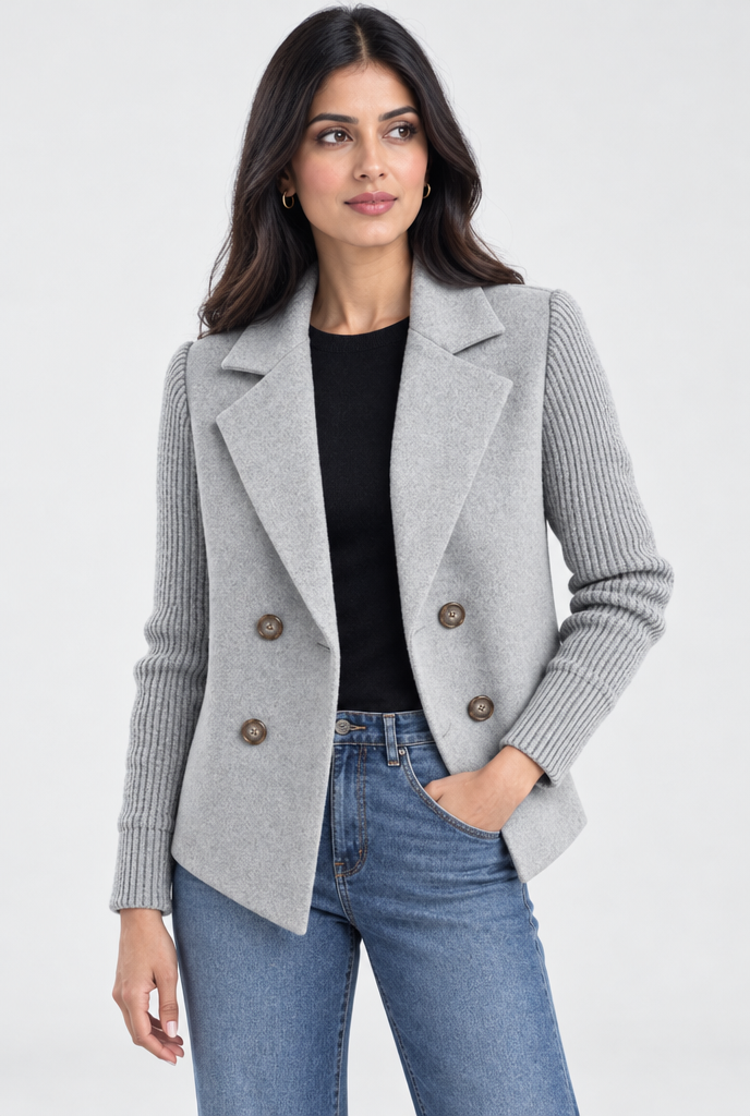 Manteau croisé effet laine à manches en maille — Gris perle — photo studio