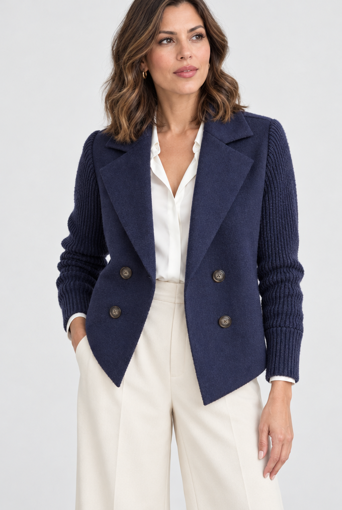 Manteau croisé effet laine à manches en maille — Marine — photo studio