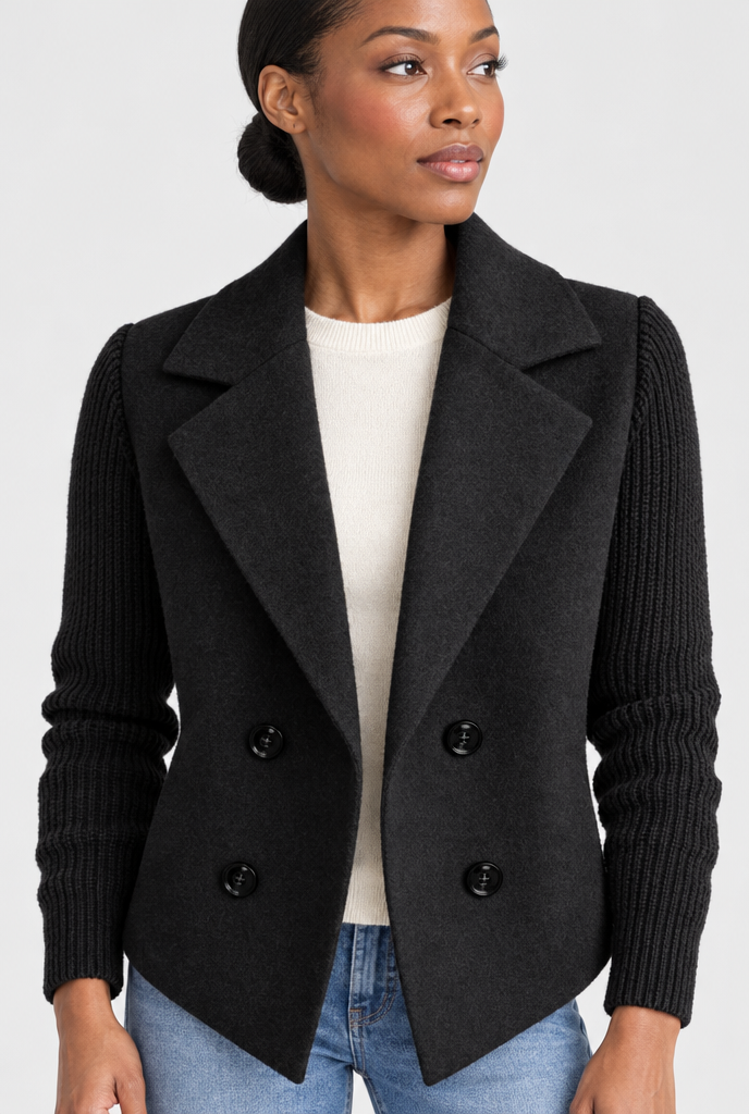 Manteau croisé effet laine à manches en maille — Noir — détail du col