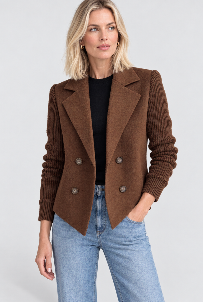 Manteau croisé effet laine à manches en maille — Chocolat — photo studio