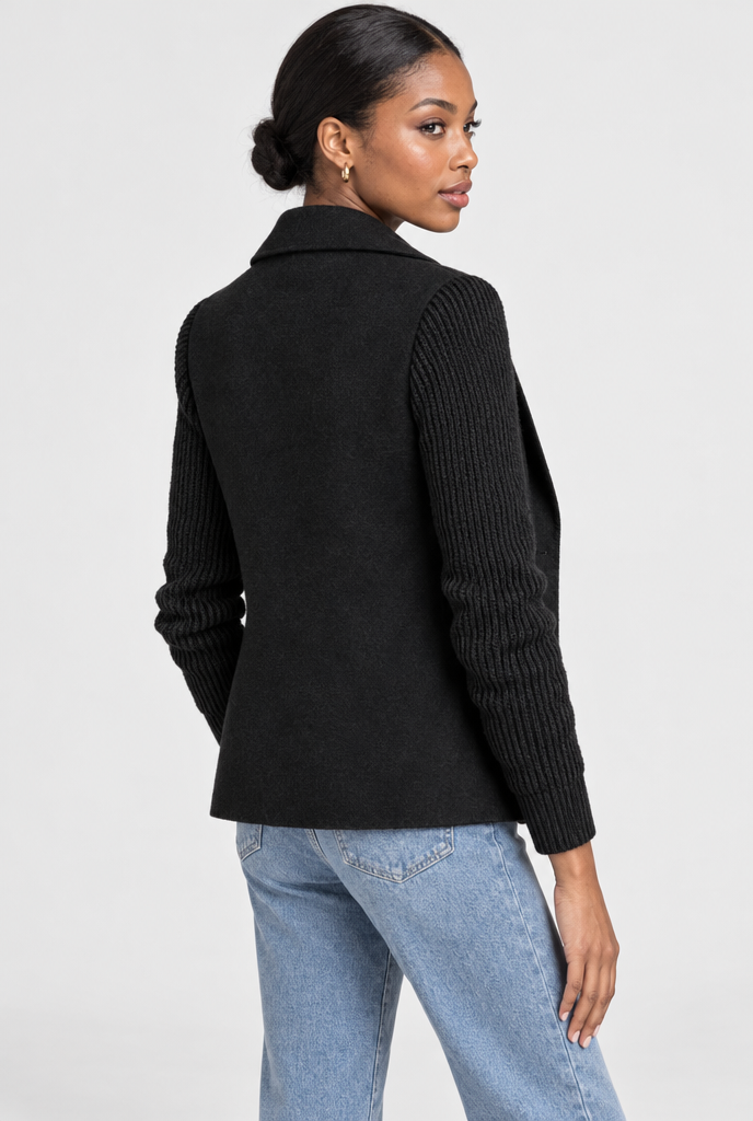 Manteau croisé effet laine à manches en maille — Noir — vue de dos