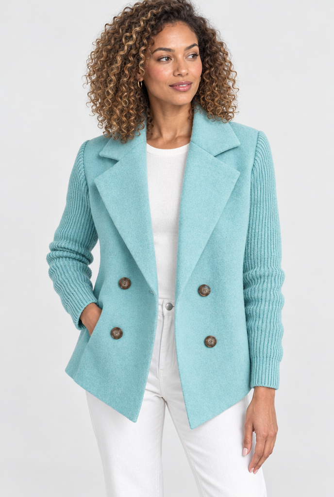 Manteau croisé effet laine à manches en maille — Bleu aqua — photo studio