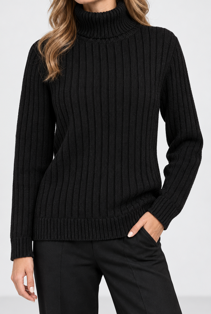 Pull col roulé classique en maille côtelée — Noir — détail