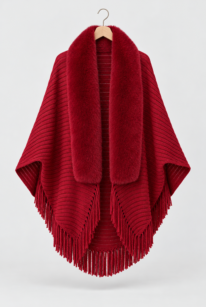 Châle en maille à franges et col en fausse fourrure — Rouge canneberge — packshot