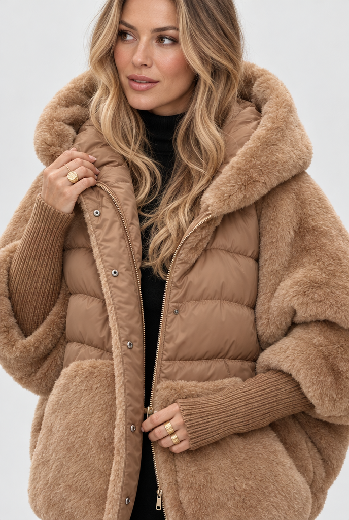 Doudoune cocon à capuche en patchwork fausse fourrure — Camel — détail du col