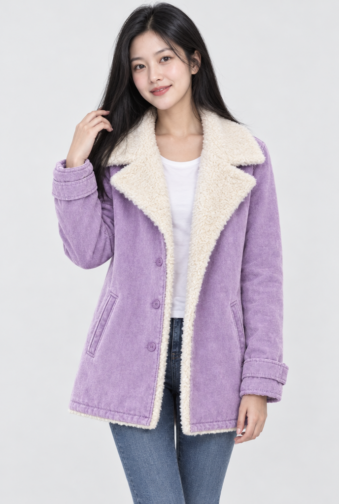Veste boutonnée doublée sherpa à grand col — Lilas — photo studio