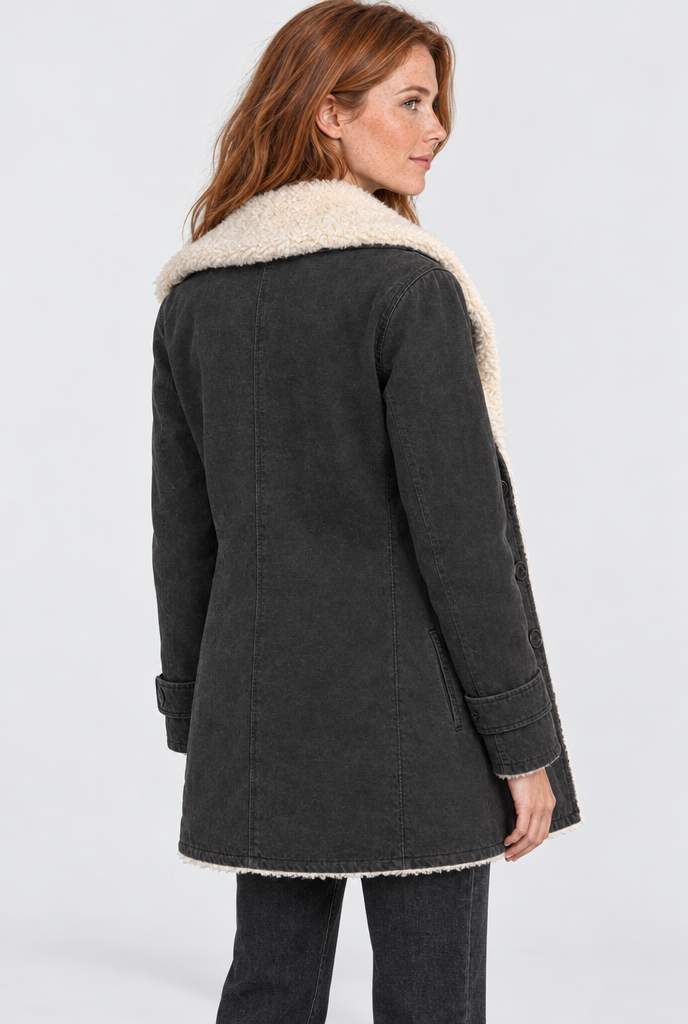 Veste boutonnée doublée sherpa à grand col — Noir — vue de dos