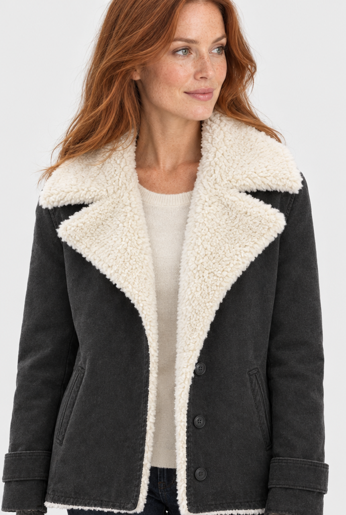 Veste boutonnée doublée sherpa à grand col — Noir — détail du col