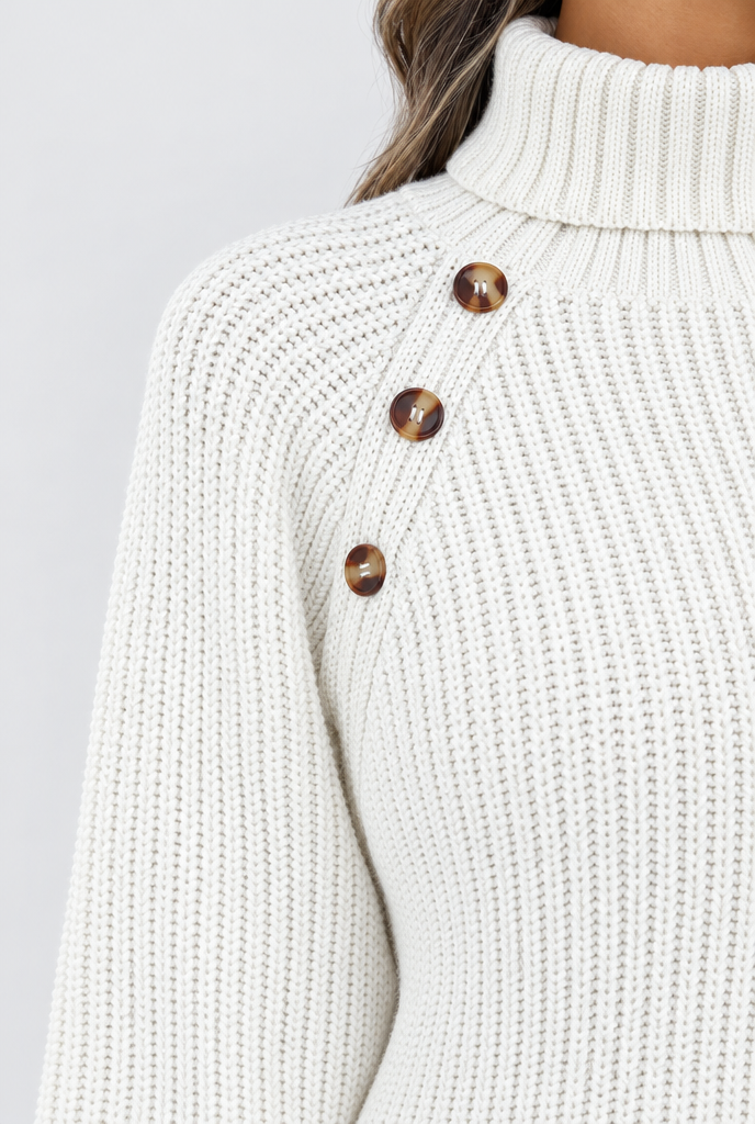 Robe pull col roulé en maille côtelée, épaule boutonnée — Ivoire — détail