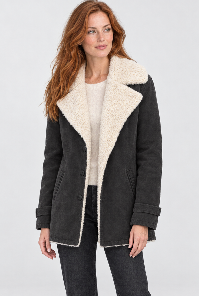 Veste boutonnée doublée sherpa à grand col — Noir — photo studio
