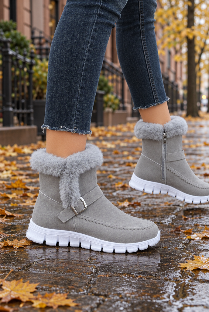 Bottes de neige à revers en fausse fourrure et boucle — Gris — en situation