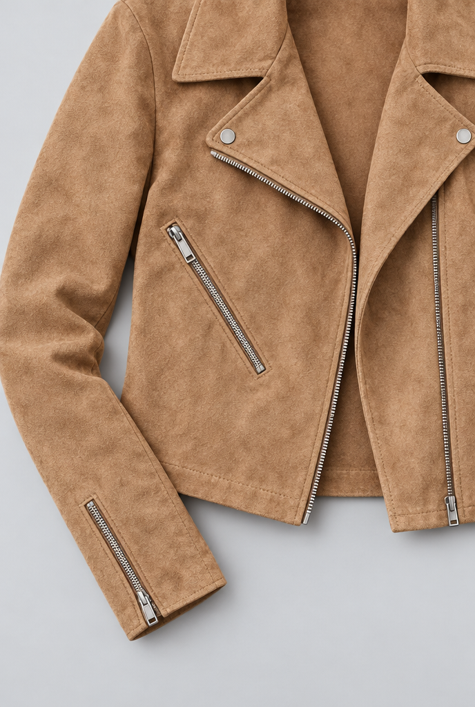 Camel faux suede cropped moto jacket, detail