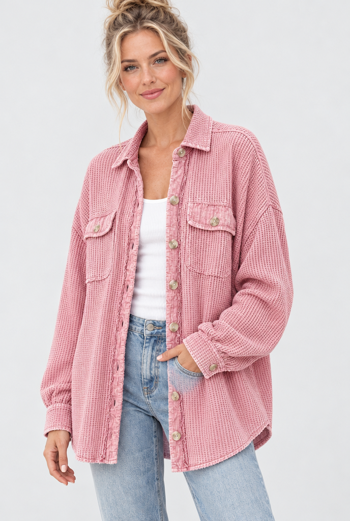 Surchemise oversize en maille gaufrée — Rose tendre — photo studio