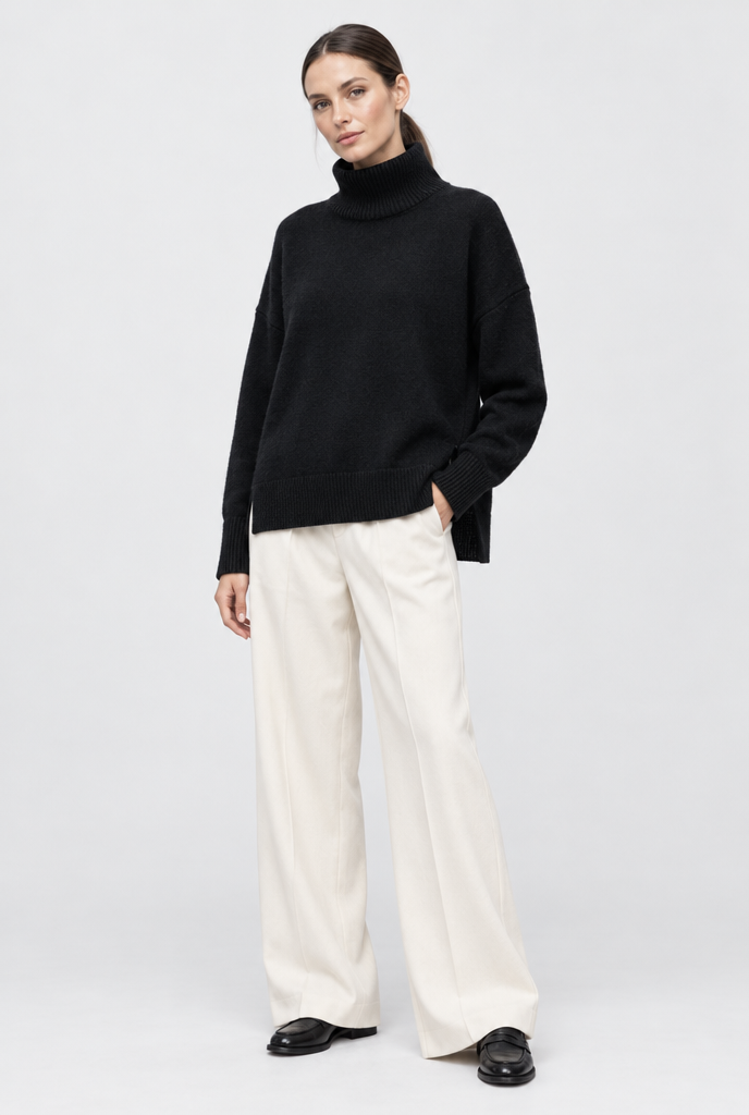 Pull col roulé oversize fendu sur les côtés — Noir — silhouette complète
