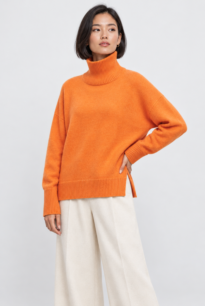 Pull col roulé oversize fendu sur les côtés — Orange — photo studio