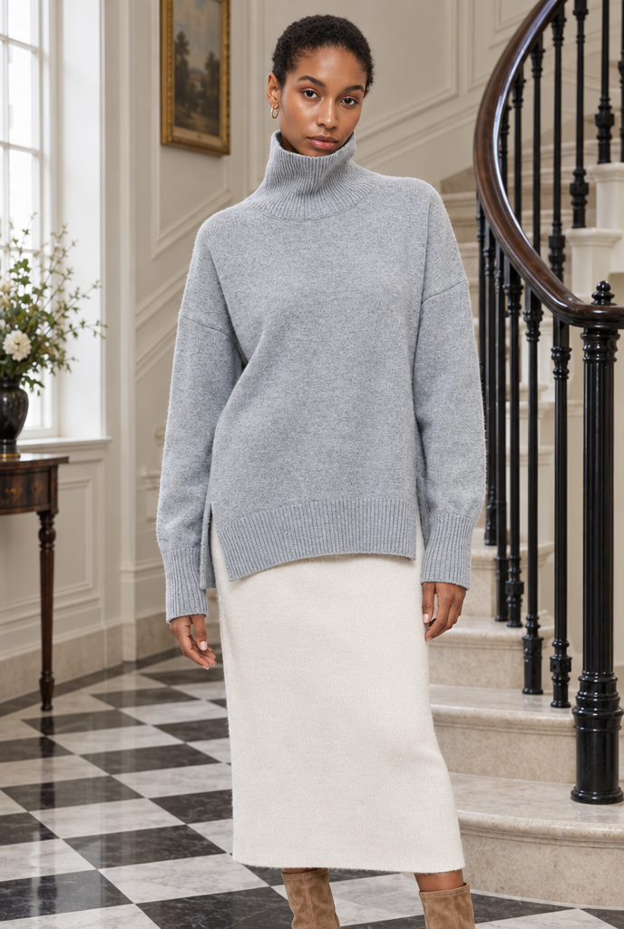 Pull col roulé oversize fendu sur les côtés — Gris chiné clair — en situation