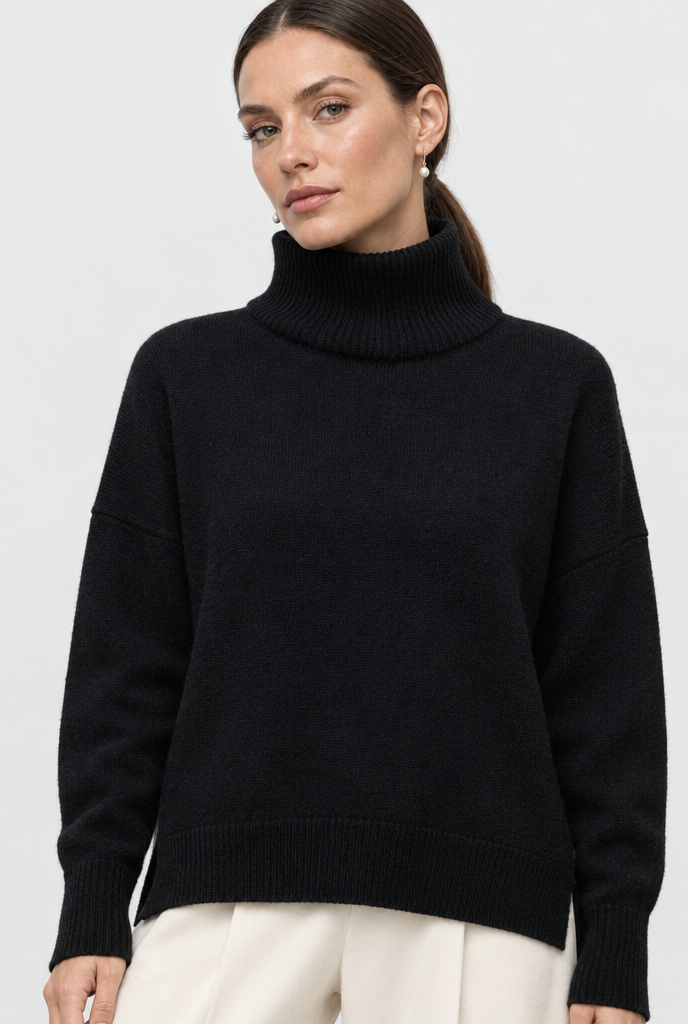 Pull col roulé oversize fendu sur les côtés — Noir — détail du col