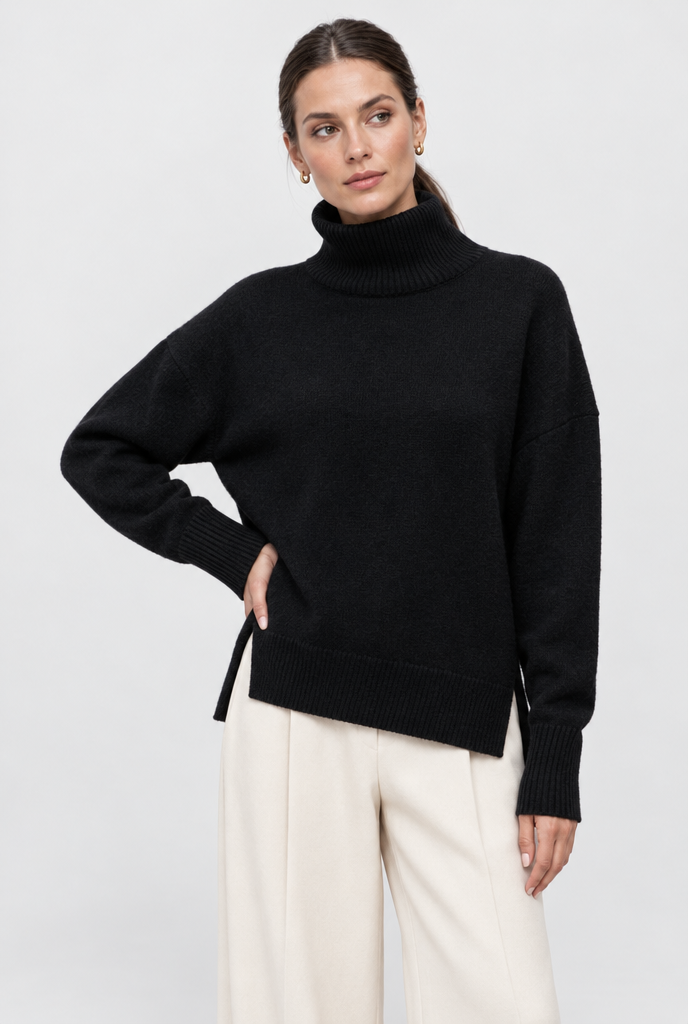 Pull col roulé oversize fendu sur les côtés — Noir — photo studio